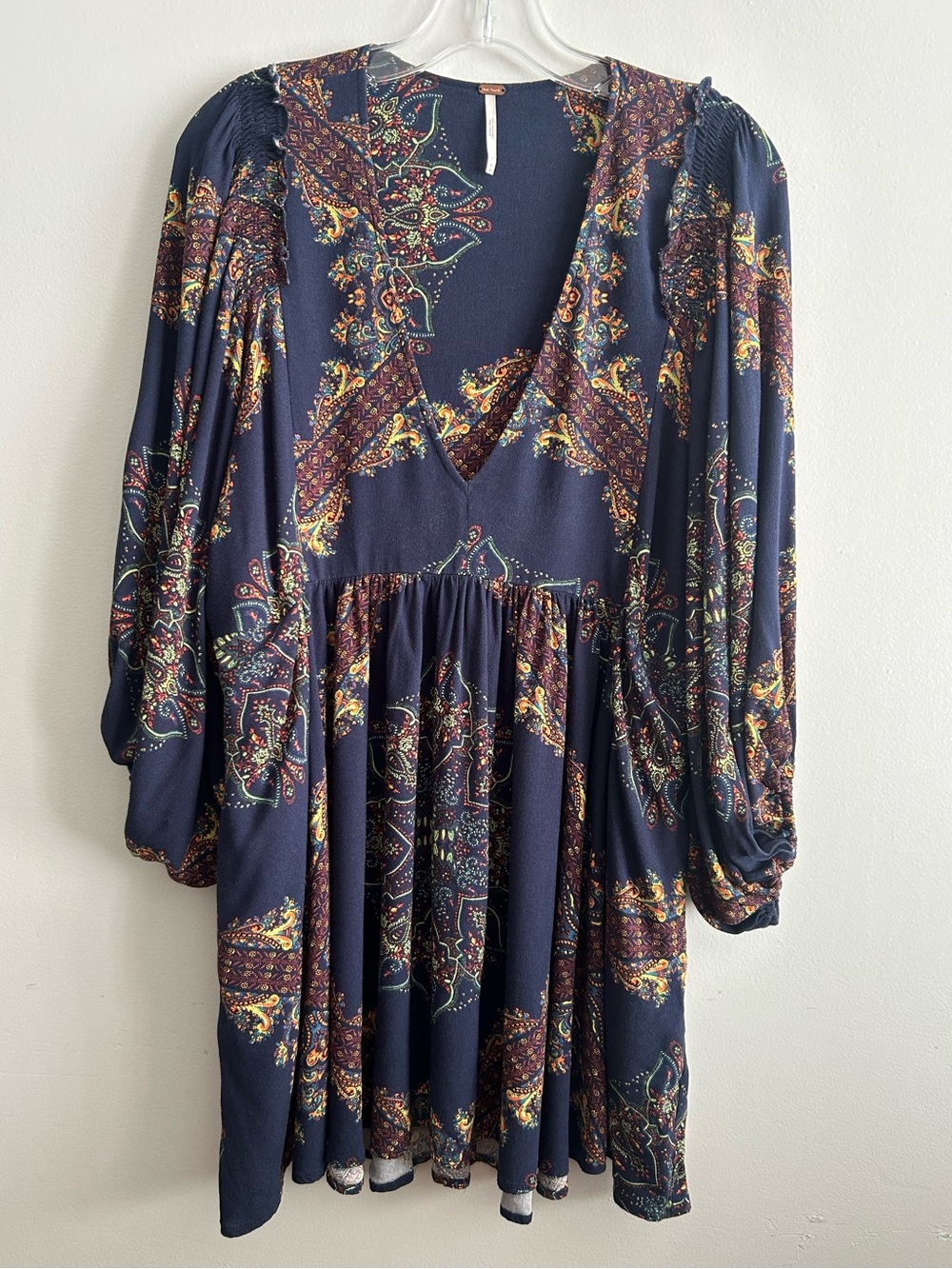Free People Girl Talk Tunic Boho chic Mini Dress navy blue paisley floral print